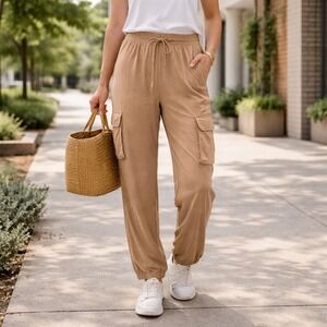 RACHEL PAIGE Brown Pinstripe Cargo Pants Wide Leg Drawstring Waist Women's